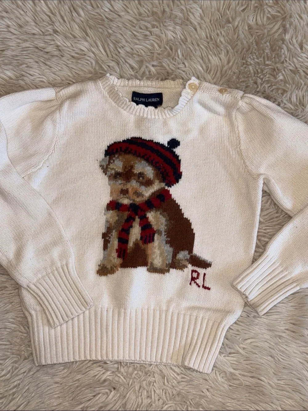 🐎 🐶 Ralph Lauren Cream Puppy Intarsia Sweater with Navy Leggings 4T